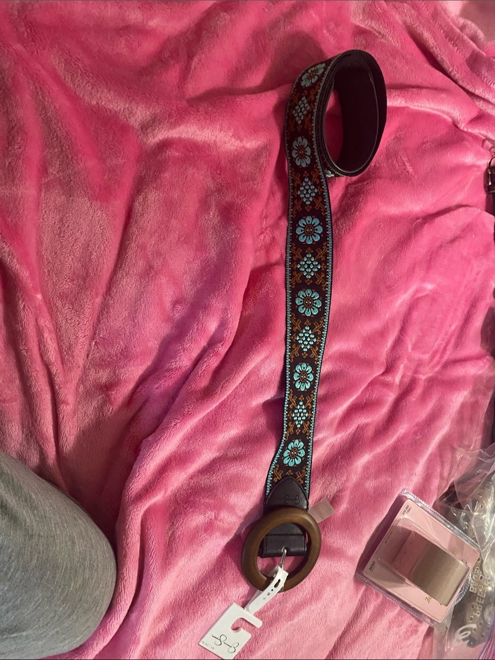 Embroidered Floral Brown Leather Belt with Turquoise Accents